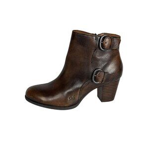 Born‎ Women's 8M Leather Upper Bootie Brown Zip Buckle Detail 2.5" Heel